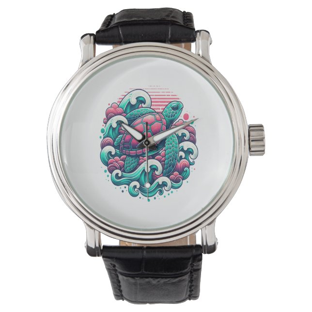 Retro Summer Ocean Wave Turtle Horloge (Voorkant)