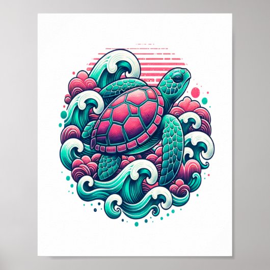 Retro Summer Ocean Wave Turtle Poster (Voorkant)