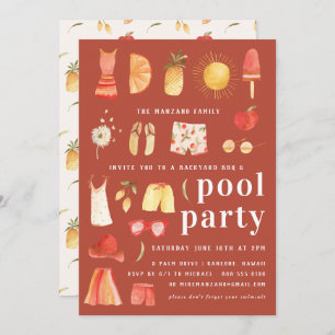 Retro Summer   Pool Party Invitation Kaart