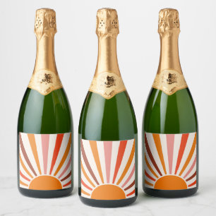 Retro Sun Rays blaast Zonnehard Oranje Geel Rood Sparkling Wijnetiket