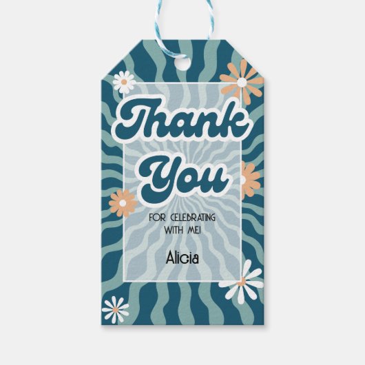 Retro Sun Wave Daisy Green Verjaardag Dank u Cadeaulabel (Voorkant)