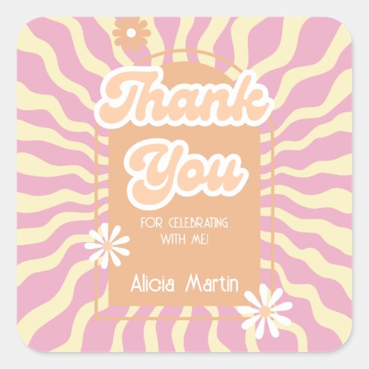 Retro Sun Wave Daisy Groovy Brown Dank u Vierkante Sticker (Voorkant)