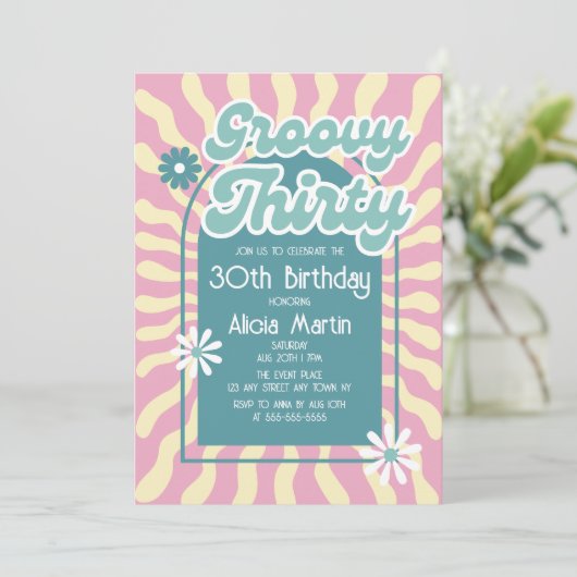 Retro Sun Wave Daisy Groovy Green 30e verjaardag Kaart (Staand voorkant)