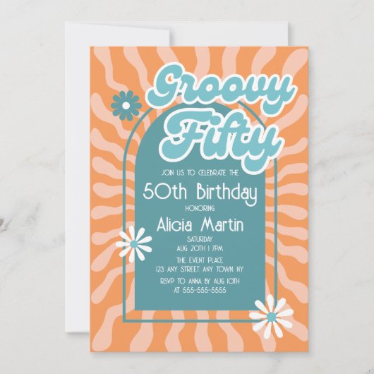 Retro Sun Wave Daisy Groovy Green 50e verjaardag Kaart (Voorkant)