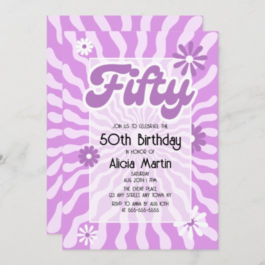 Retro Sun Wave Daisy Paarse 50e Verjaardag Kaart (Voorkant / Achterkant)