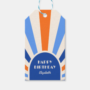 Retro Sunburst Arch Typografie Verjaardag Blauw Cadeaulabel