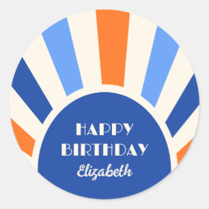 Retro Sunburst Arch Typografie Verjaardag Blauw Ronde Sticker