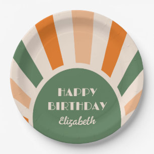 Retro Sunburst Arch Typografie Verjaardag Groen Papieren Bordje