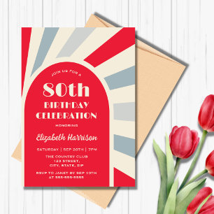 Retro Sunburst Arch Typografie Verjaardag Rood Kaart