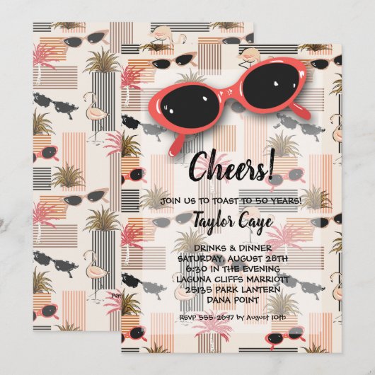 Retro Sunglasses and Palms 50th Birthday Kaart (Voorkant / Achterkant)