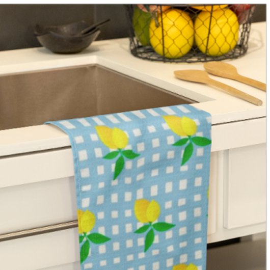 Retro Sunny Yellow Lemon Blue White Check Theedoek