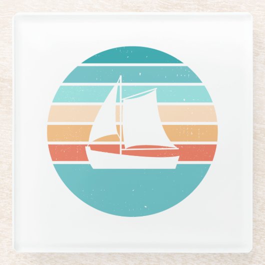Retro Sunset Distressed Effect + Zeilboot Glazen Onderzetter (Voorkant)