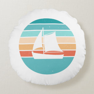 Retro Sunset Distressed Effect + Zeilboot Rond Kussen