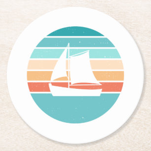 Retro Sunset Distressed Effect + Zeilboot Ronde Kartonnen Onderzetter