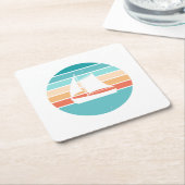 Retro Sunset Distressed Effect + Zeilboot Vierkante Kartonnen Onderzetter (Schuin)