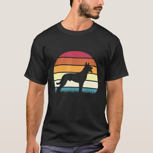 Retro Sunset Dog Pet Belgium Shepherd T-shirt (Voorkant)