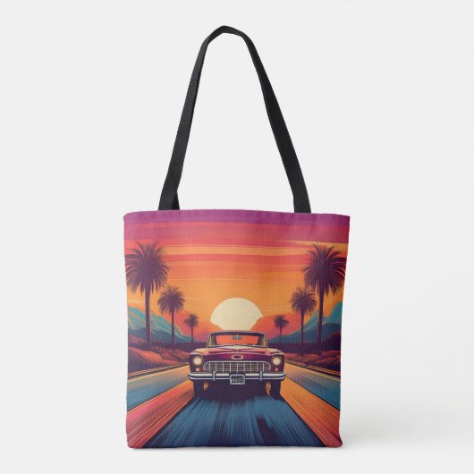 Retro Sunset Drive met Classic Car Canvas tas (Achterkant)