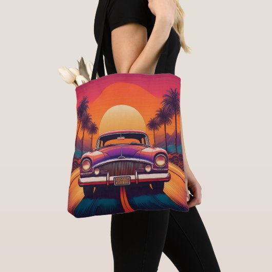 Retro Sunset Drive met Classic Car Canvas tas (Dichtbij)