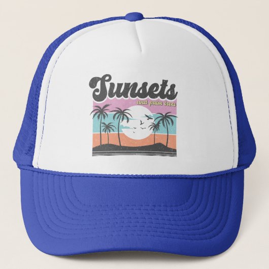 Retro Sunset en palmboom Trucker Pet (Voorkant)