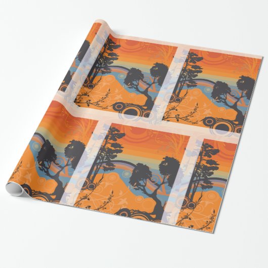 Retro Sunset Forest Landschap Abstract Cadeaupapier (Uitgerold)