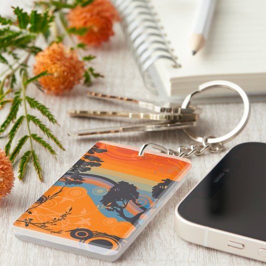 Retro Sunset Forest Landschap Abstract Sleutelhanger