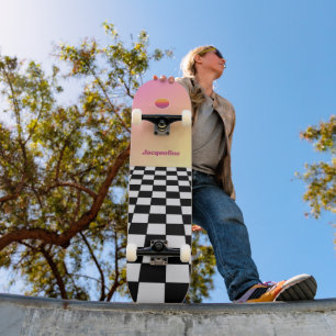 Retro Sunset Gradient Checkerboard Skateboard