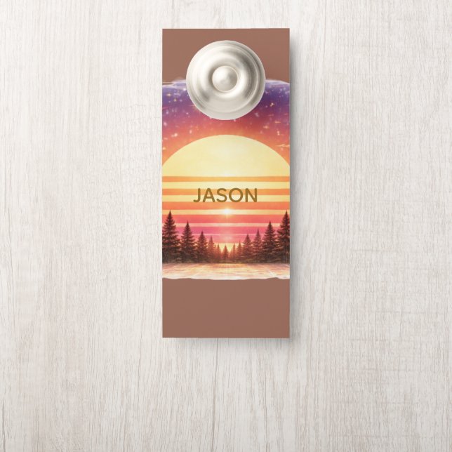 Retro Sunset in Forest Custom Family Name (Op knop)