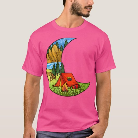 Retro Sunset Moon Camper Campfire Funny Mountains T-shirt (Voorkant)