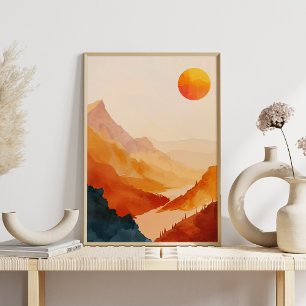 Retro Sunset Mountain Landschap Waterverf Poster