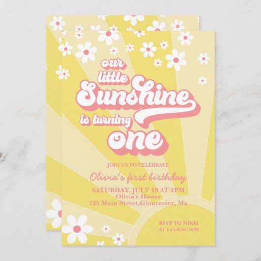 Retro Sunshine daisy boho floral first jarig Kaart (Voorkant / Achterkant)