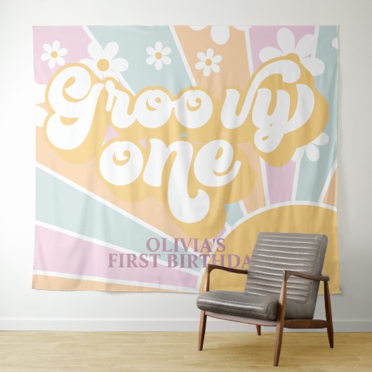 Retro Sunshine Groovy 1 pastel Daisy Birthday Ba Wandkleed (In Situ (horizontaal))
