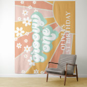 Retro Sunshine Groovy Eén Daisy Verjaardagsbanner Wandkleed (In situ)