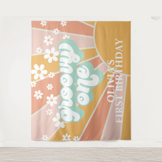 Retro Sunshine Groovy Eén Daisy Verjaardagsbanner Wandkleed (Voorkant)