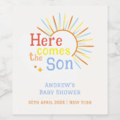 Retro Sunshine hier komt het Son Baby shower Wijn Etiket (Enkel label)