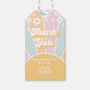Retro Sunshine madeliefje twee groovy verjaardagsf Cadeaulabel