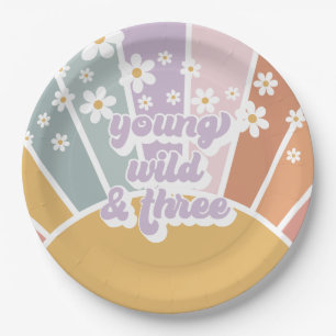 Retro Sunshine Rainbow Daisy 3e verjaardag Papieren Bordje