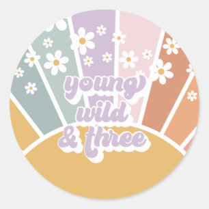 Retro Sunshine Rainbow Daisy 3e verjaardag Ronde Sticker