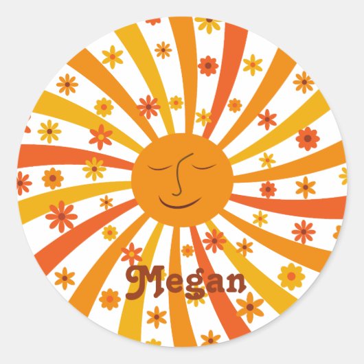 Retro Sunshine Sunburst met de aangepaste naam Flo Ronde Sticker (Voorkant)