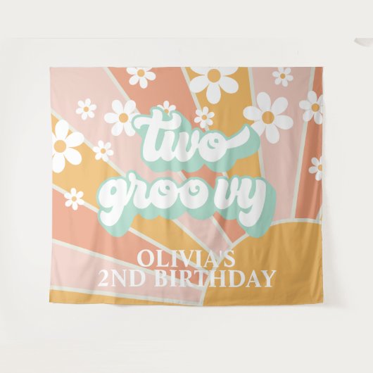 Retro Sunshine Two Groovy Daisy Birthday Banner Wandkleed (Voorkant (horizontaal))