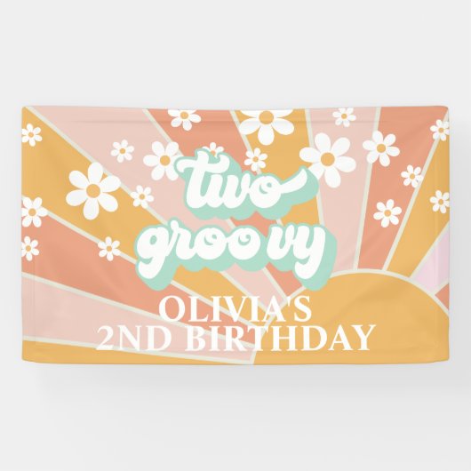 Retro Sunshine Two Groovy Daisy Birthday Spandoek (Horizontaal)