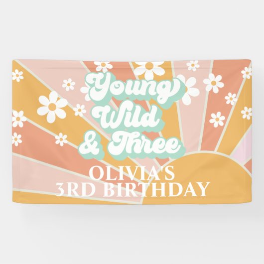 Retro Sunshine Young Wild Three Daisy Birthday Spandoek (Horizontaal)