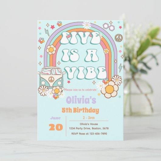 Retro Super Rainbow 5e anniversaire Invitation (Debout devant)