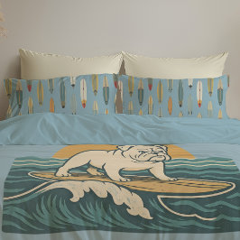Retro Surfer Dog | Blue Surfing Bulldog Reversible Kussensloop