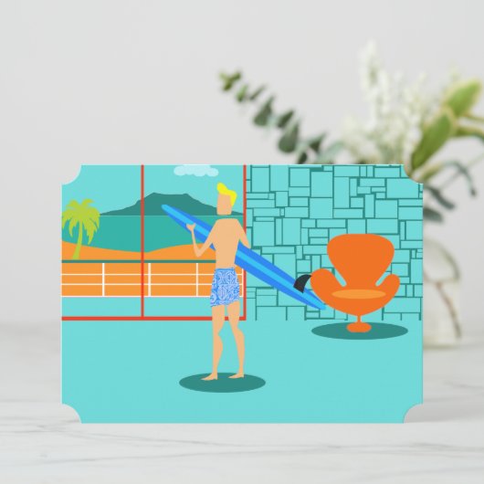 Retro Surfer Dude Uitnodiging (Staand voorkant)