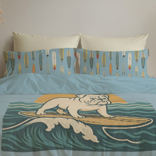 Retro Surfer Hond Blauwe Surfende Bulldog Omkeer Kussensloop