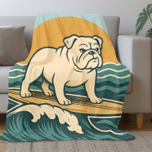 Retro Surfer Hond Kunst Blauw Kust Surfen Bulldog
