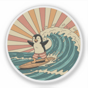 Retro Surfer Pinguïn - Vintage Zomer Strand Sfeer Sticker