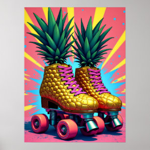 Retro Surreal Ananas Roller Schaatsen Pop Art Poster