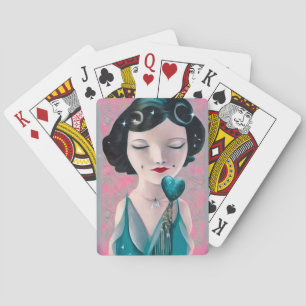 Retro Surreal Art Deco Blauwgroen Heart Lady Pokerkaarten