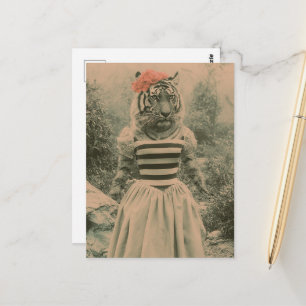Retro Surrealistische Tijger in een Jurk Fantasie Briefkaart